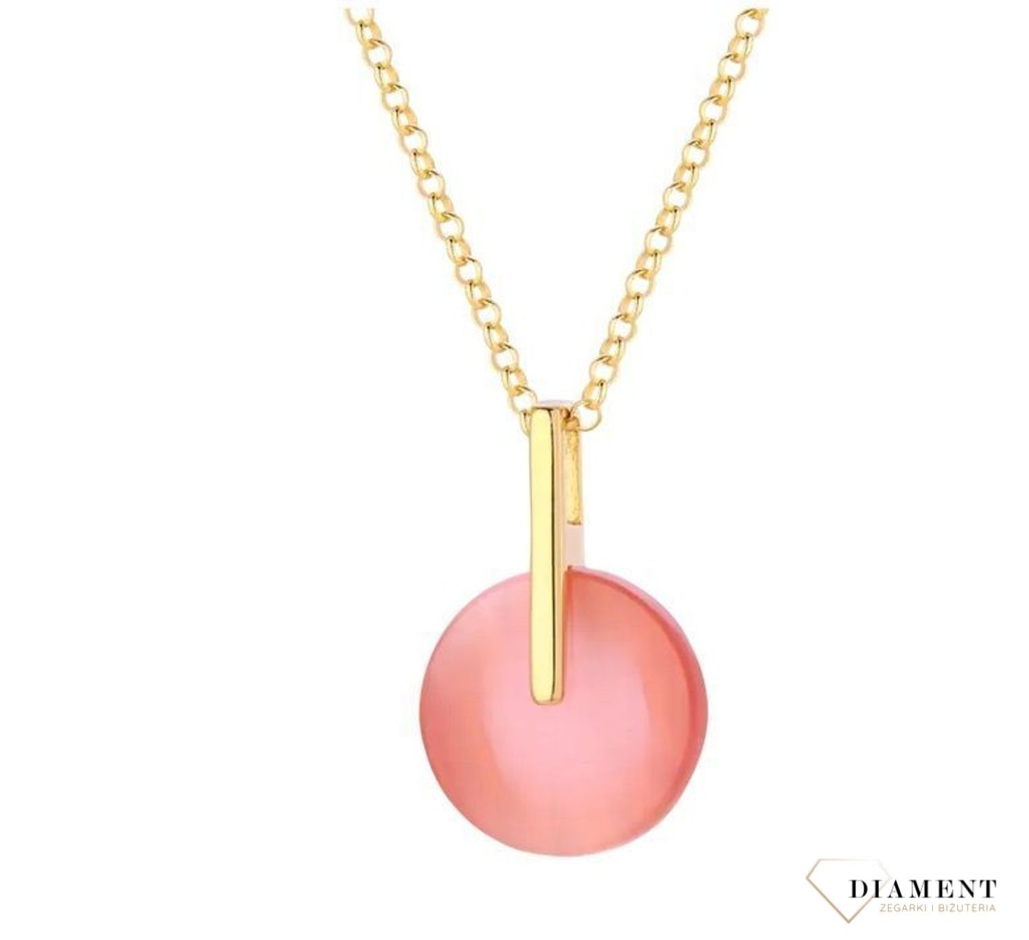 Naszyjnik srebrny pozłacany z różowym kocim okiem. Biżuteria damska. Piękny dodatek w formie naszyjnika..jpg